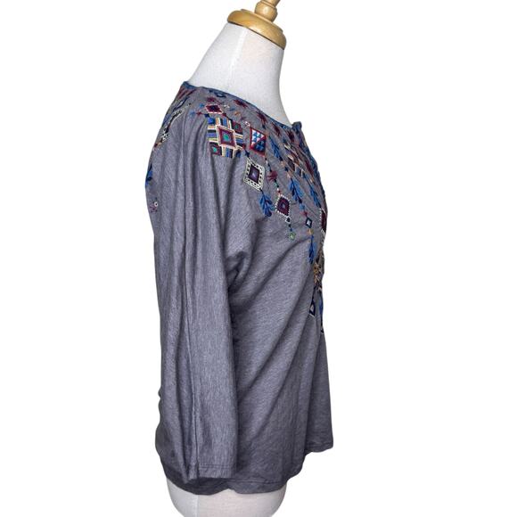 JOHNNY WAS Ruah Kit Long Split Neck Embroidered Henley Gray XS - Picture 3 of 7